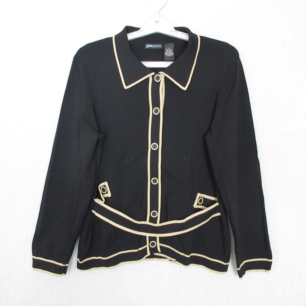Yarns & Stitches Cardigan Womens L Black Tan Trim Button Front Knit Long‎ Sleeve
